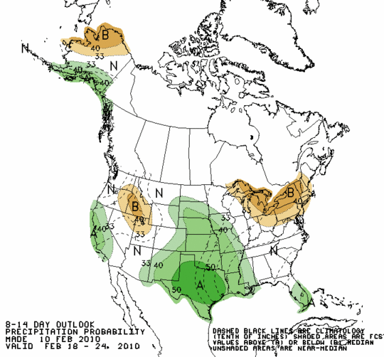 Map of 8-14 day weather outlook valid Feb 18-Feb 24, 2010
