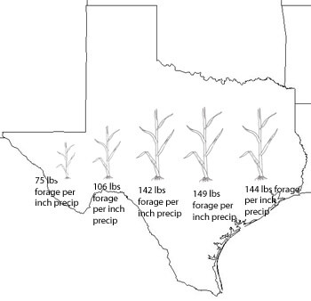 Map showing annual yields of 75-144 lbs forage per inch precipitation
