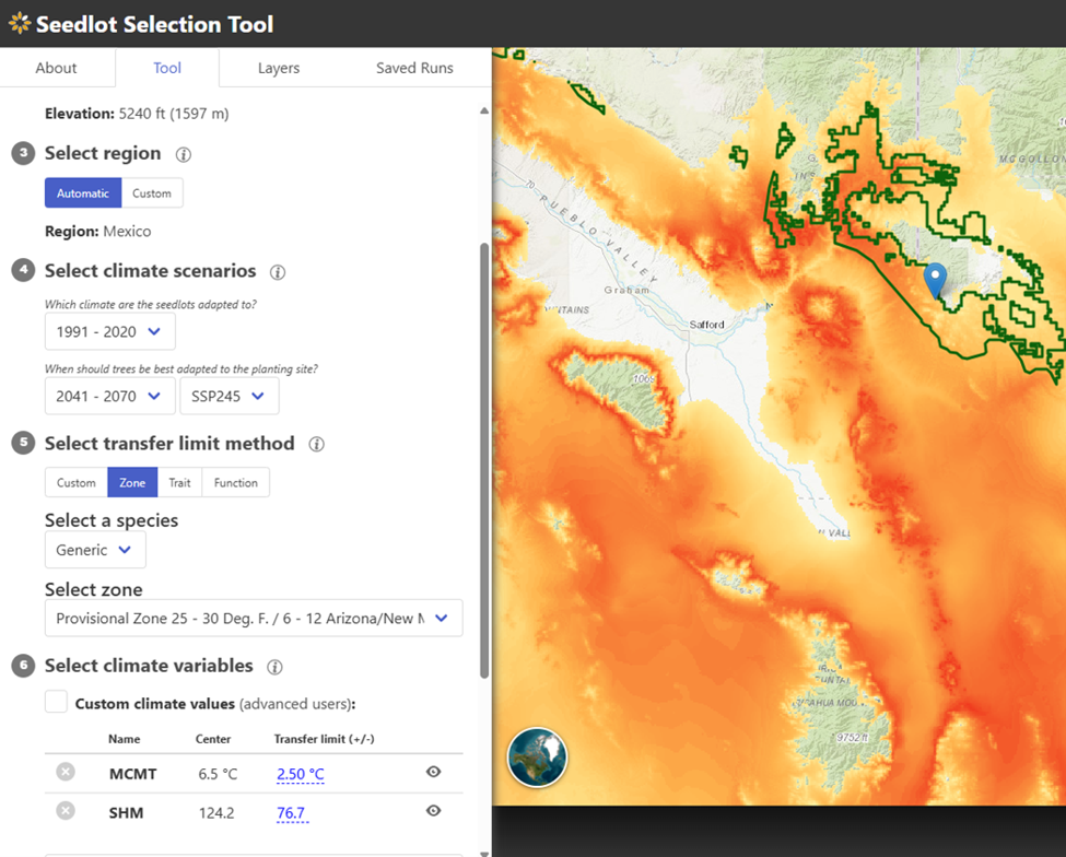 A screen capture of the seedlot selection tool.